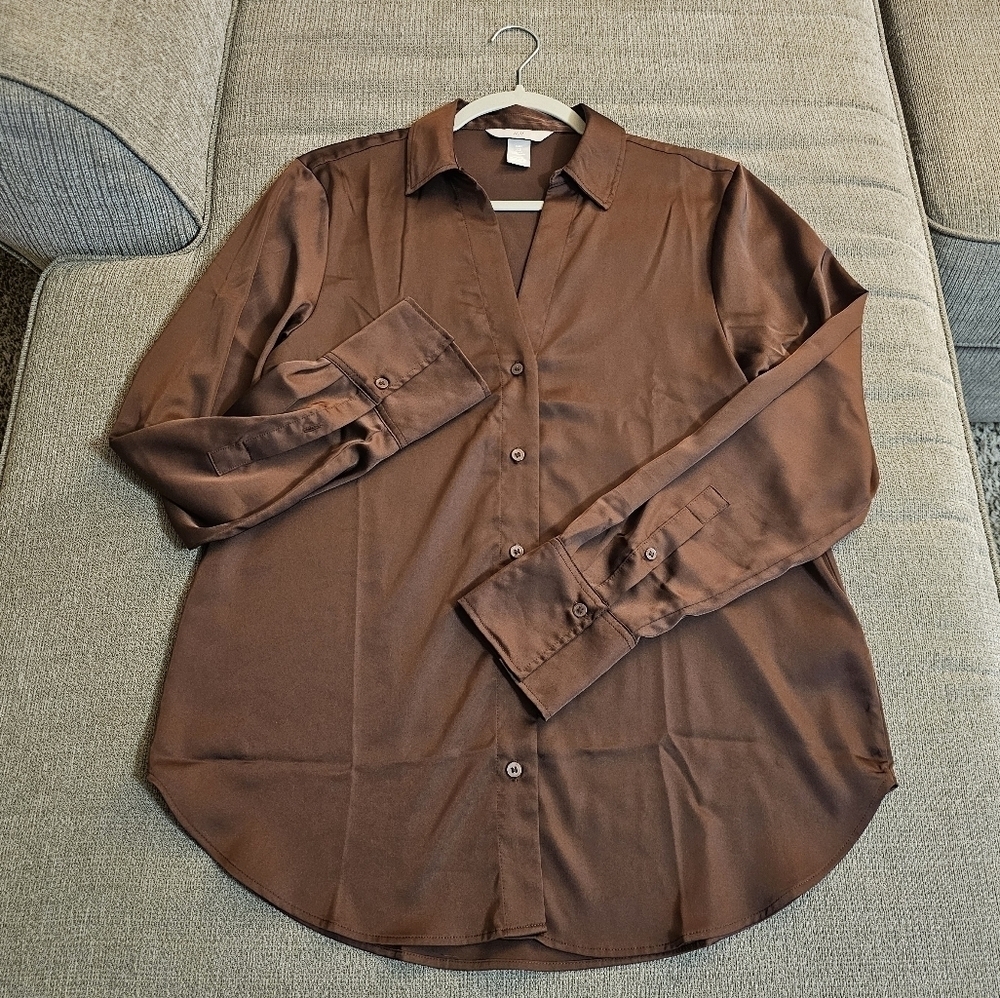 H&M Brown Casual Button Work Career Dress Office Top Blouse Size Small